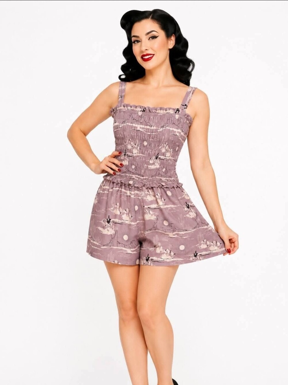 Mauve Smocked Romper with Whimsical Print